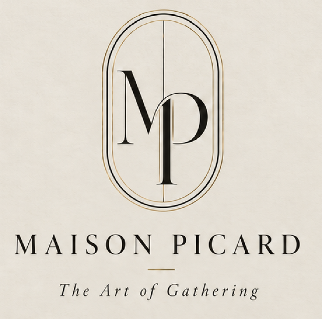 Maison Picard primary logo with oval MP medallion and The Art of Gathering tagline